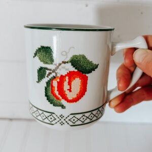 Vintage Coffee Mug | Crossstitch Fruit Apple | Cottagecore